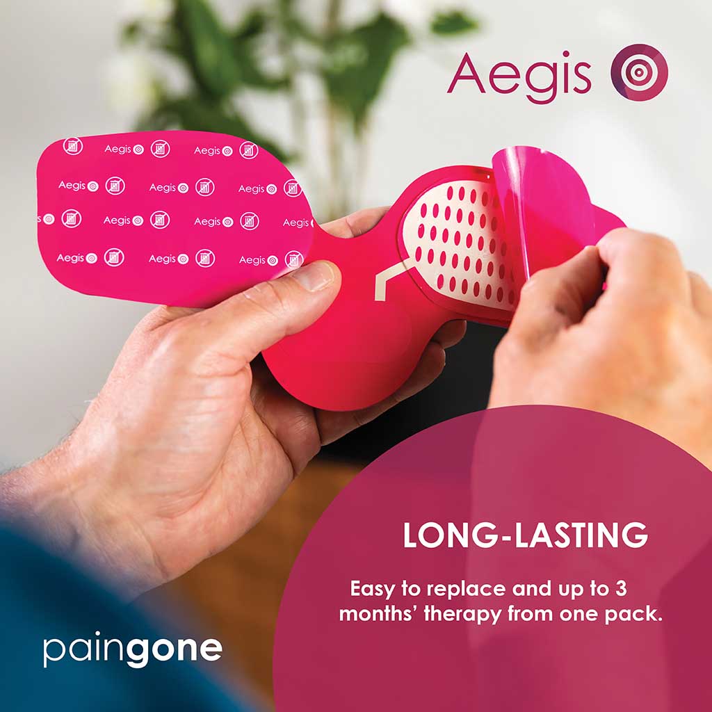 Person applying the Paingone Aegis pads with the "Long-lasting" tagline