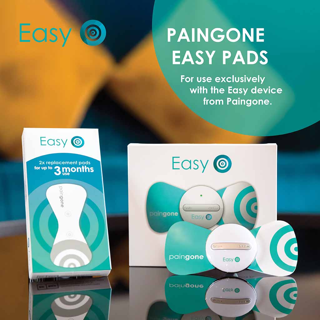 Paingone Easy device and two-piece replacement pads with the "Paingone easy pads" message