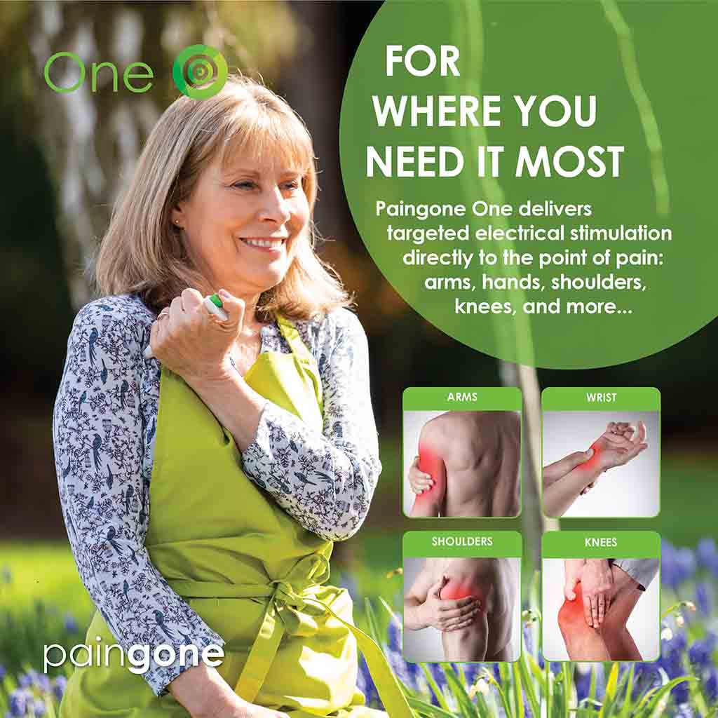 Woman using Paingone One on her shoulder in a garden with images of the other areas where to use the Paingone One pen: arms, wrist, shoulders and knees