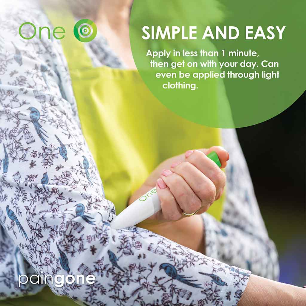 Person using the paingone Obe pen on the elbow with the "Simple and easy" tagline