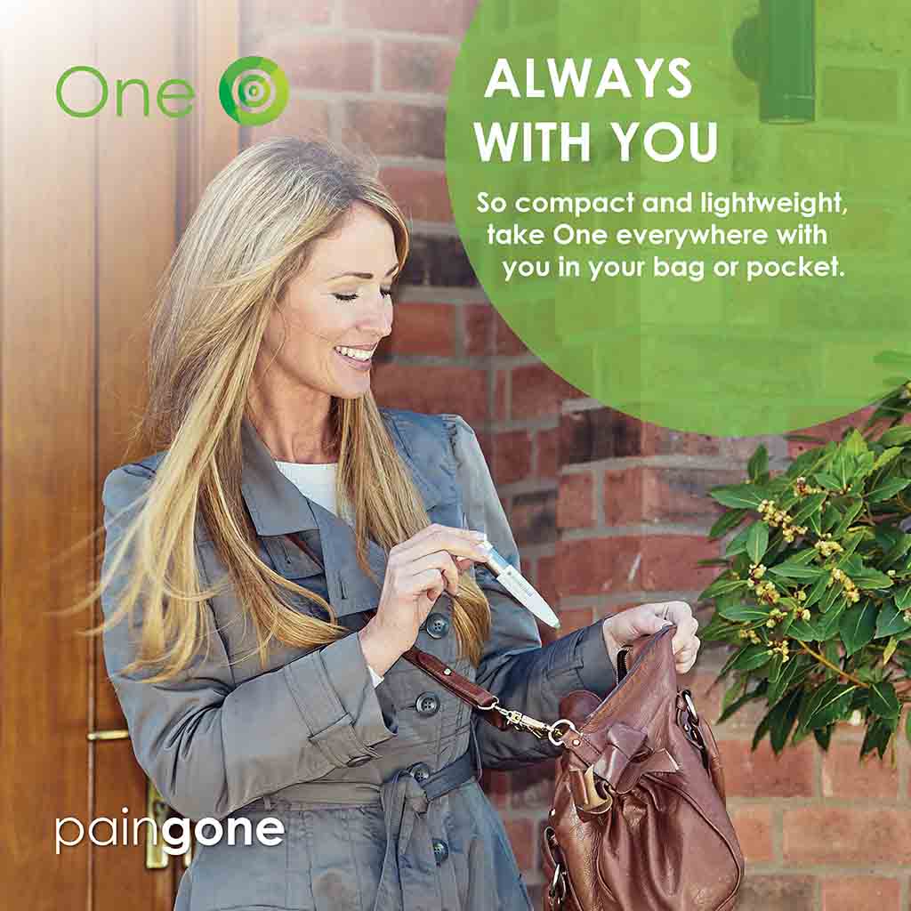 Woman putting the Paingone One pen in her purse while smiling, with the "Always with you" tagline