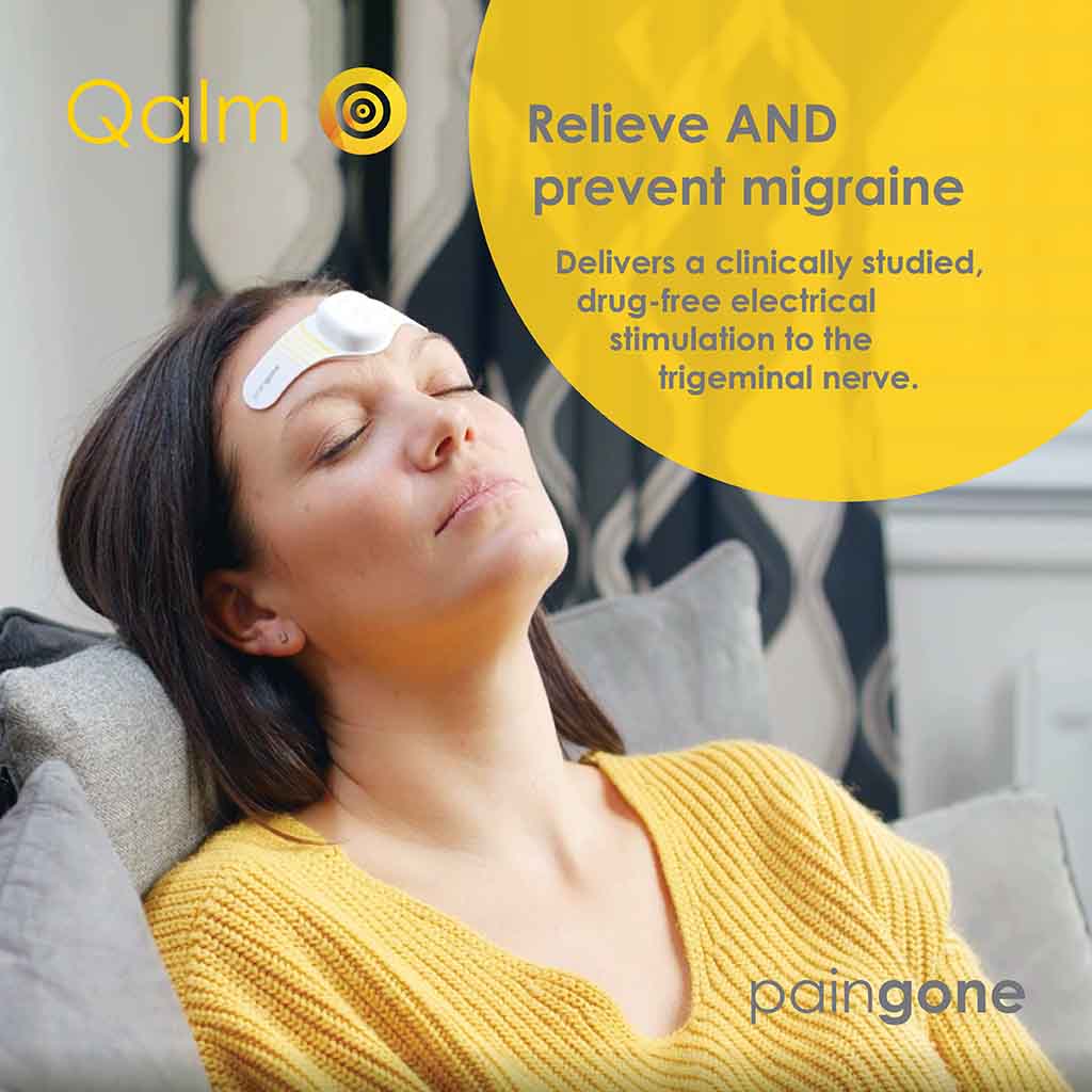 Woman using Paingone Qalm on her forehead while on the couch with the "Relieve AND prevent migraine" tagline