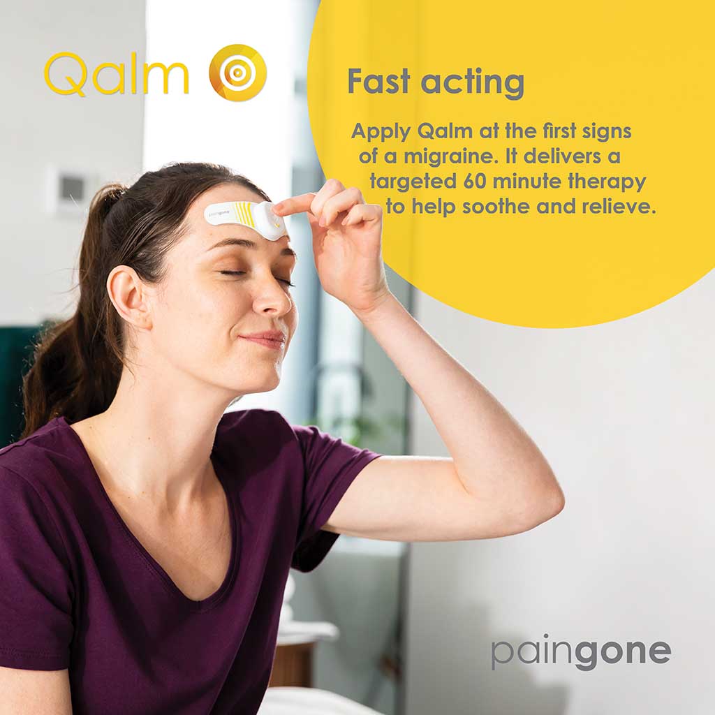 Woman turning on Paingone Qalm device with the "Fast acting" tagline
