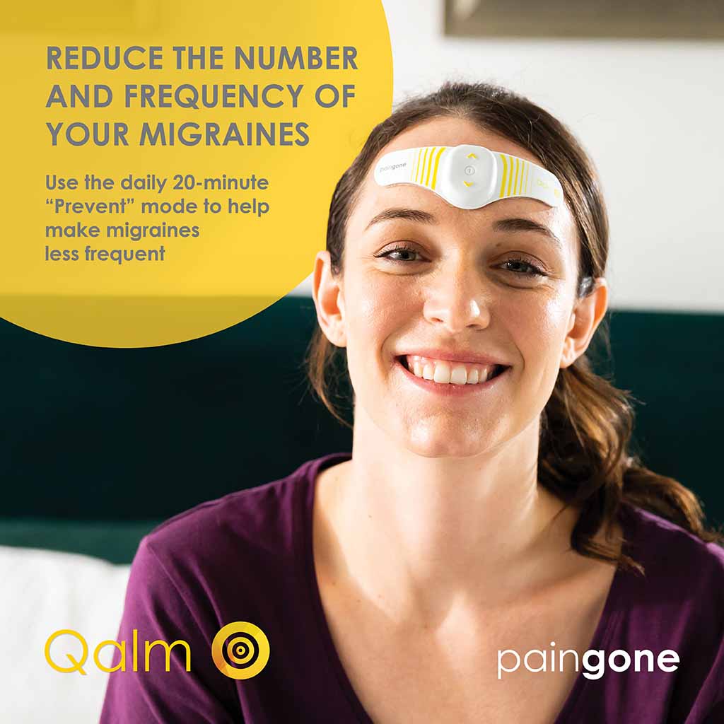 Woman using Paingone Qalm on her forehead smiling with the "Reduce the number and frequency of your migraines" message