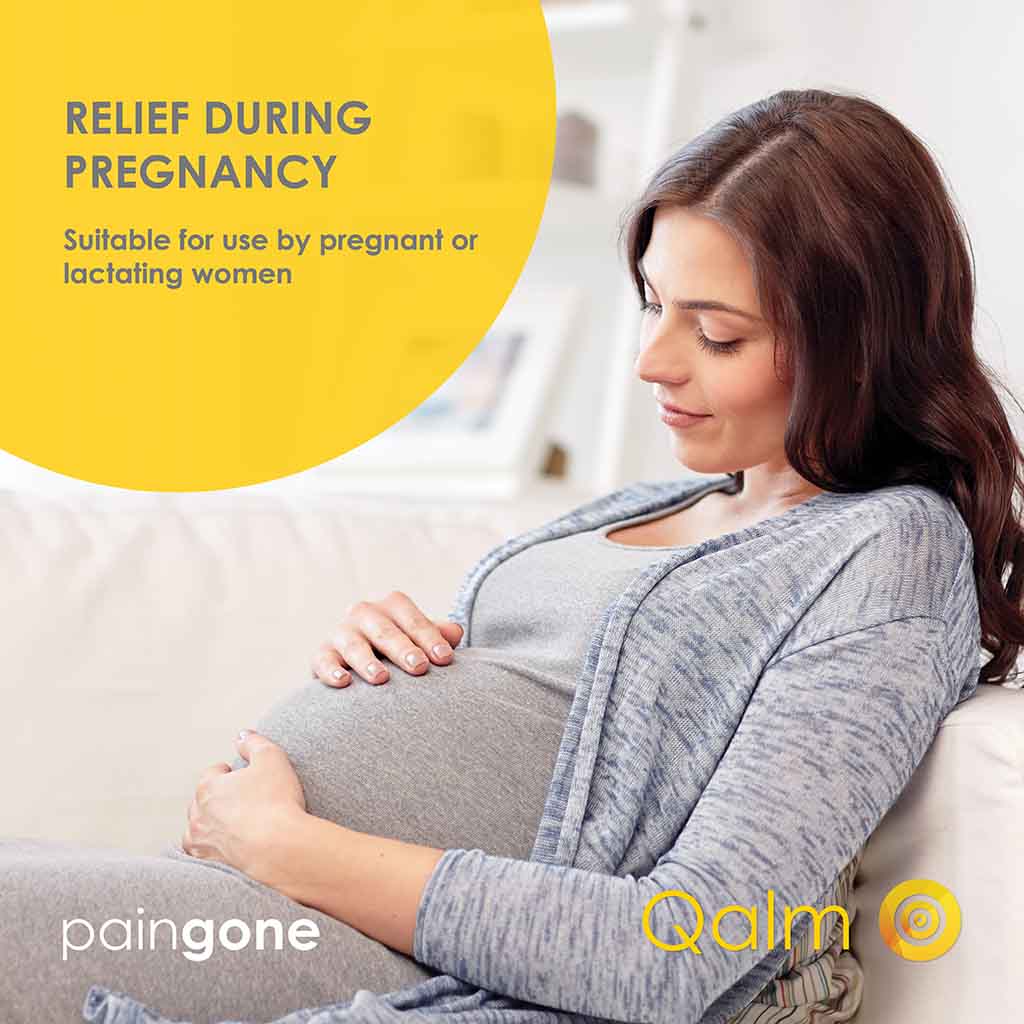 Pregnant woman looking at her stomach with the "Relief during pregnancy" tagline