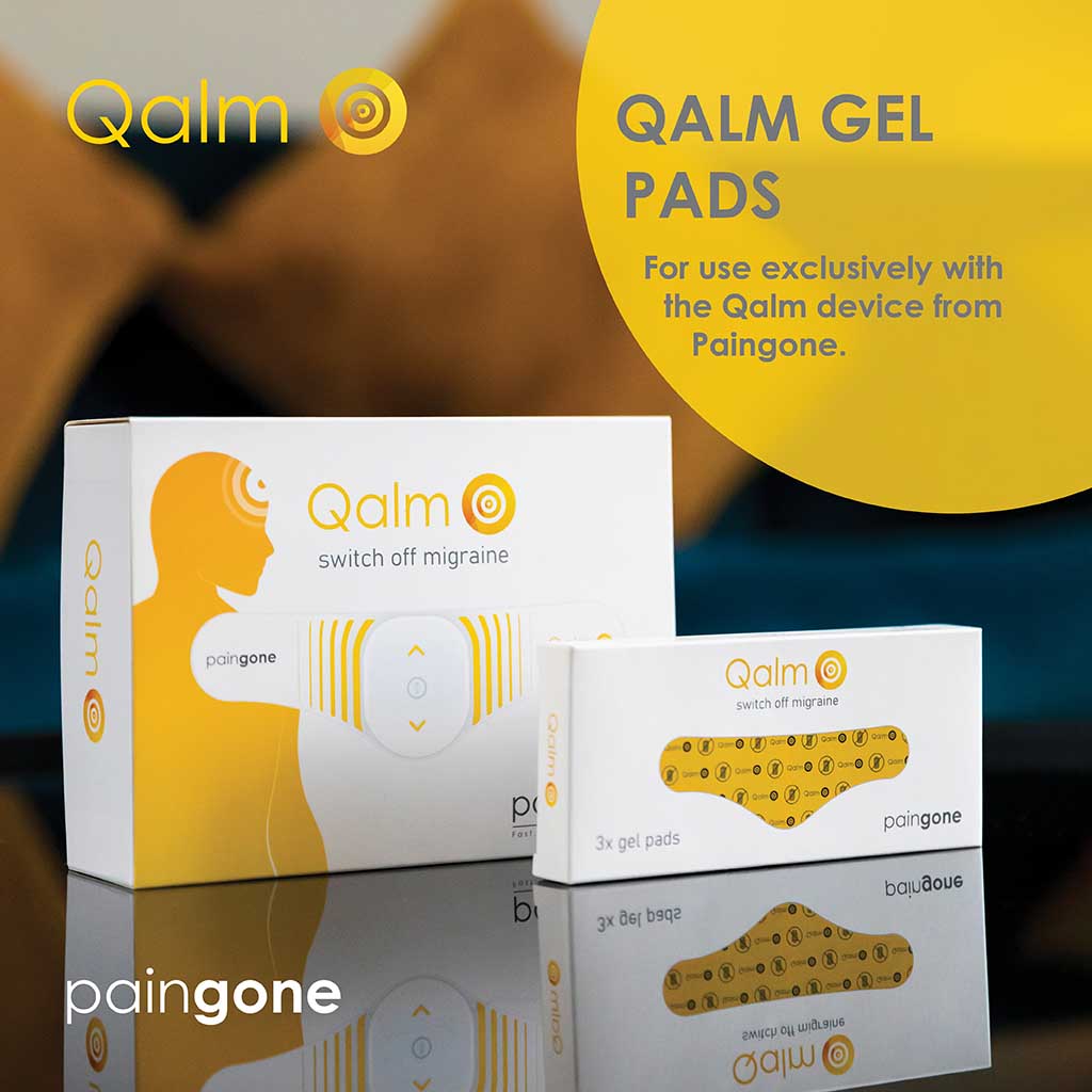 Qalm product box and Qalm 3-pack of gel pads