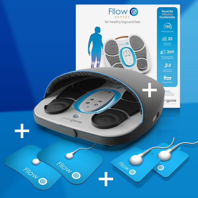 Product image of Fllow device with fleece foot cover, Arthro-Fllow and TENS pads