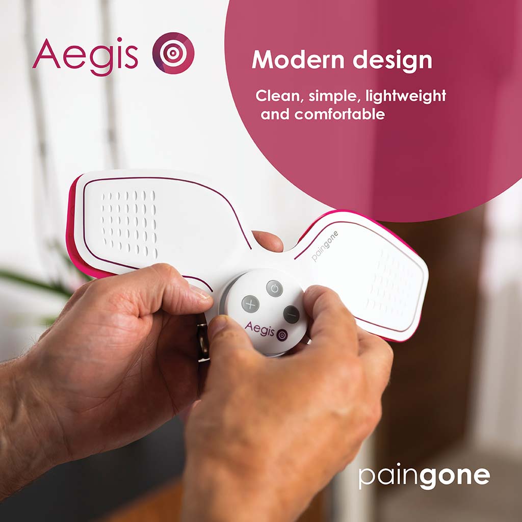 Person holding Paingone Aegis product with the "Modern design" message