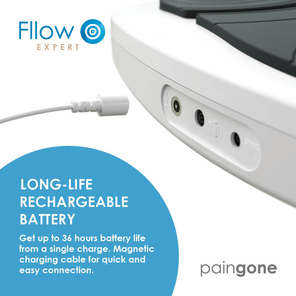 Image of the Paingone Fllow device and the charging cable to show the 36-hour long-life rechargeable battery