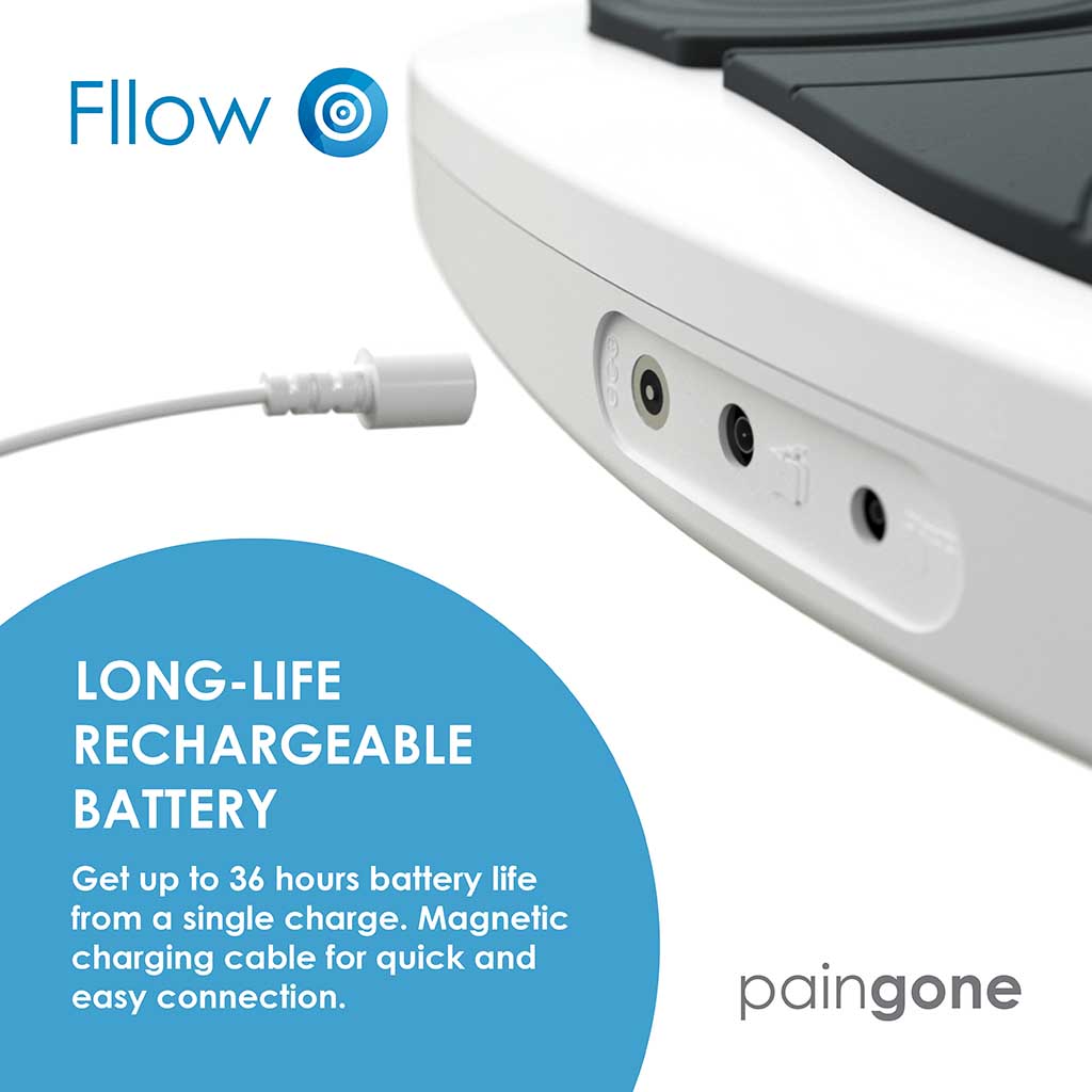 Image of the Paingone Fllow device and the charging cable to show the 36-hour long-life rechargeable battery