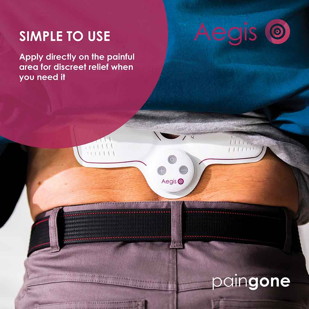Paingone Aegis on a back with the "Simple to use" tagline