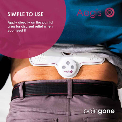 Paingone Aegis on a back with the "Simple to use" tagline