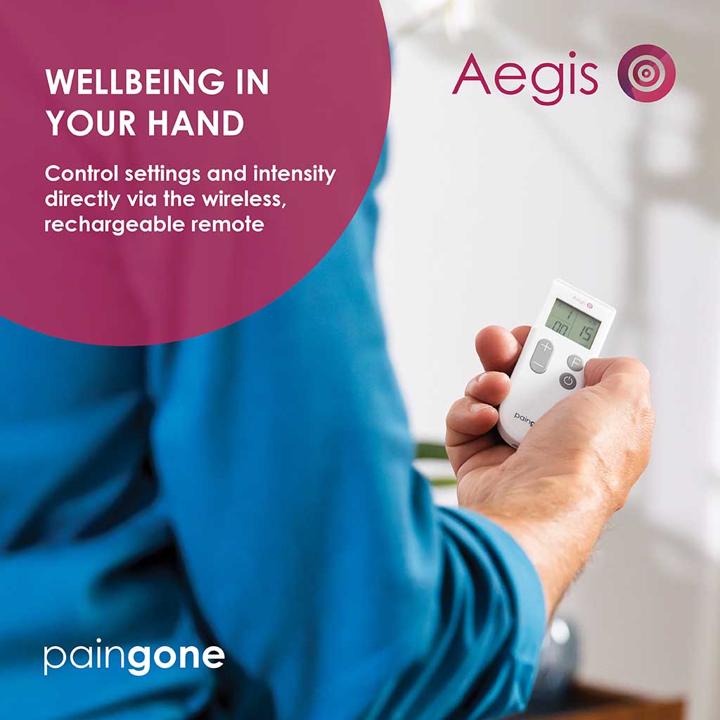 Person holding Paingone Aegis remote with the "Wellbeing in your hand" tagline