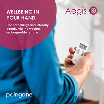 Person holding Paingone Aegis remote with the "Wellbeing in your hand" tagline